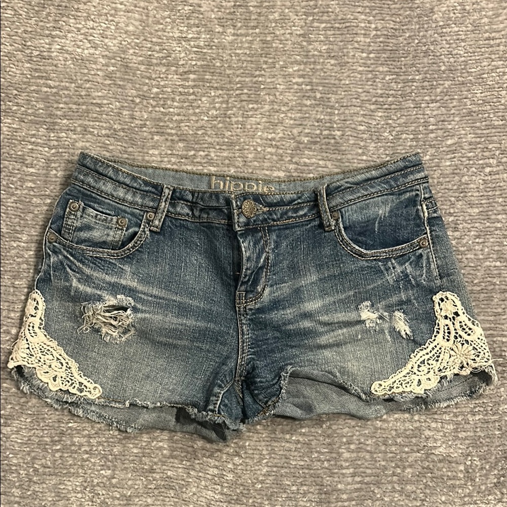 Blue Denim Shorts with Lace Trim